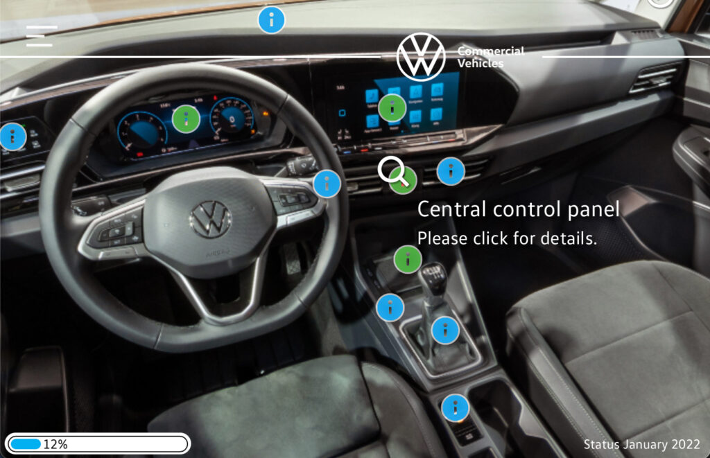 Driver’s position view in the VW Caddy 5 immersive sales training, showcasing interactive info points and a progress bar for tracking.