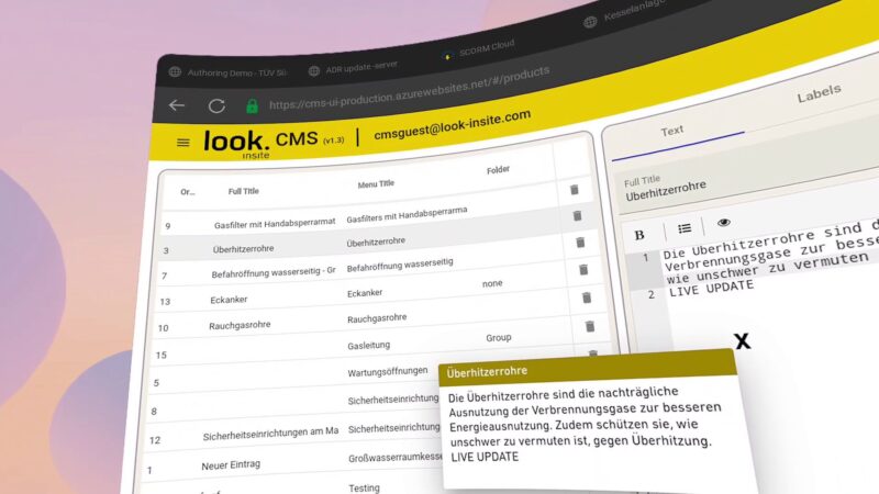 Look.Insite content management system with floating preview panel for building immersive training with Look.insite