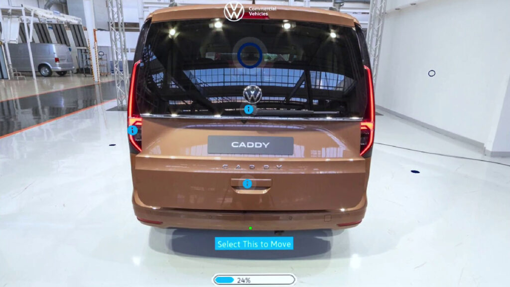 Rear tailgate animation in the VW Caddy 5 immersive training, showing the opening tailgate and folding seats to create an empty cargo area.