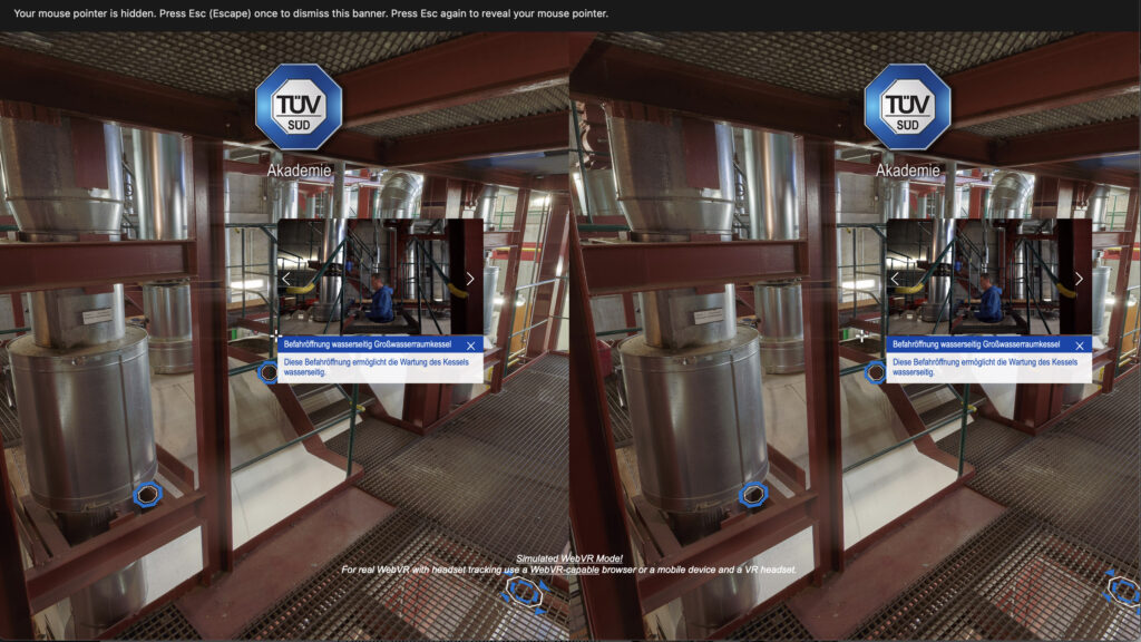 Desktop preview of mobile VR training simulation, showing stereoscopic left and right eye views for immersive boiler inspection training.