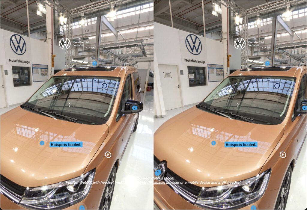 Mobile VR version of the VW Caddy 5 immersive training, showcasing stereoscopic depth and hover-select functionality using a cardboard viewer.