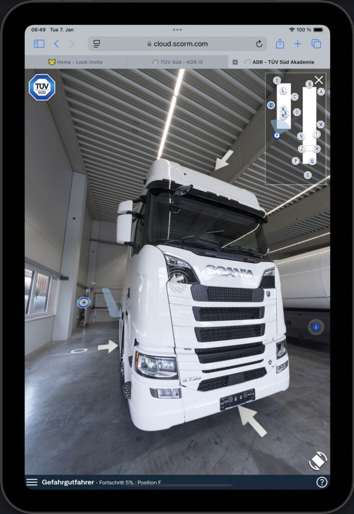 Tablet version of the immersive training for the Scania S730 dangerous goods vehicle, showing navigation points and the interactive map for exploring the vehicle, including the option to move around, climb under, or onto the roof.