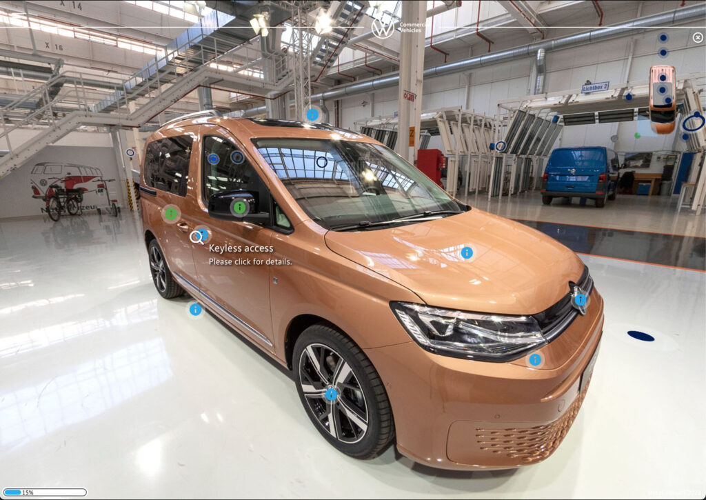 Starting the customer tour in the VW Caddy 5 immersive training, with an info point for keyless access at the passenger side.