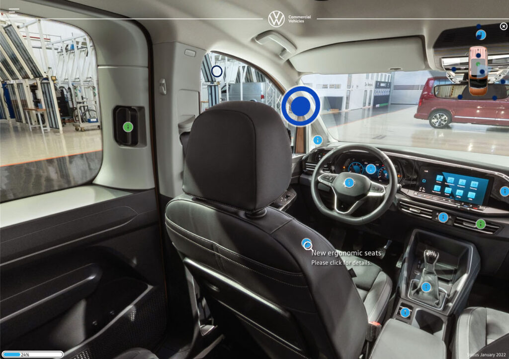 Driver’s seat view in the VW Caddy 5 immersive training, with info points for the dashboard, steering wheel, and ergonomic seats, and a 24% progress bar.